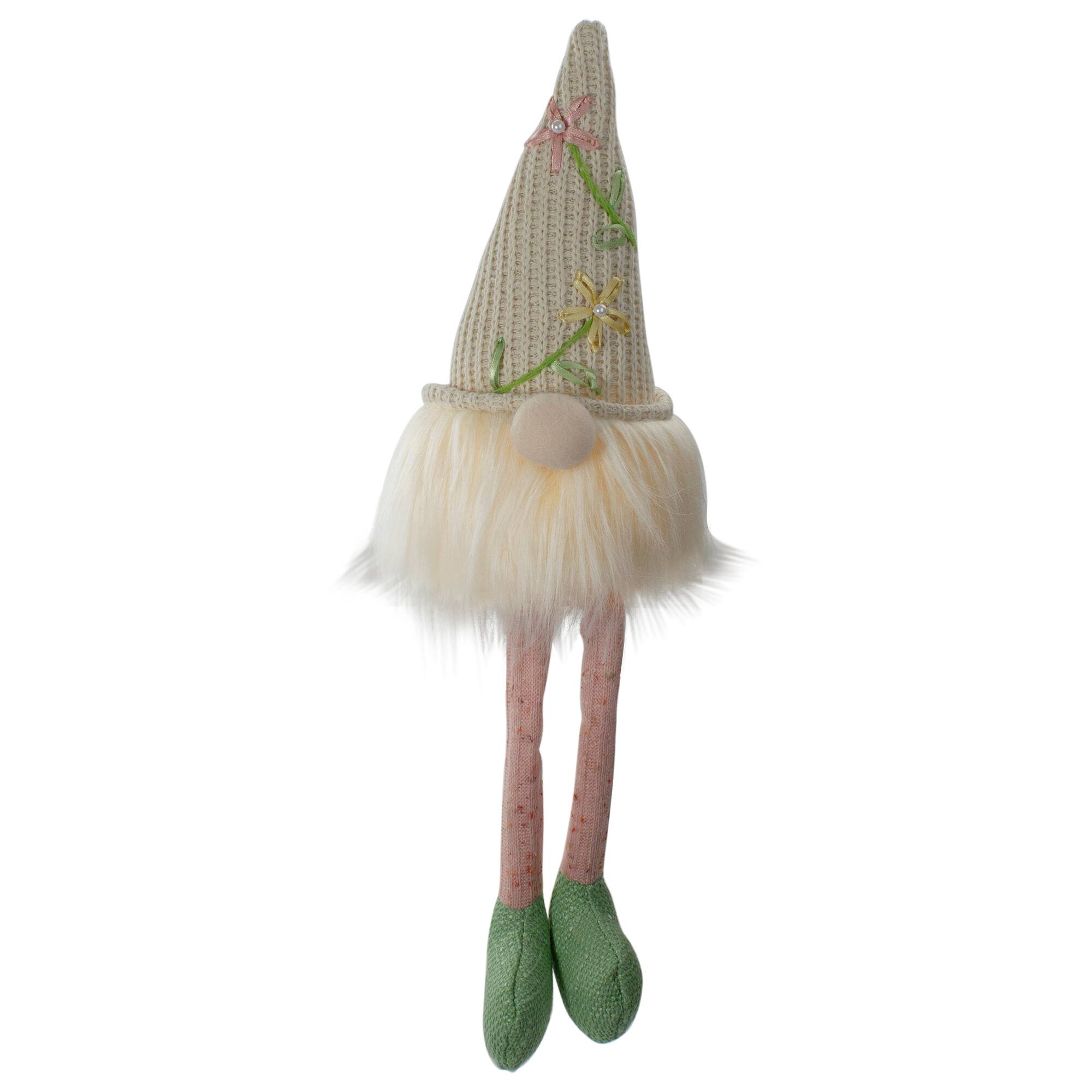 17" Lighted Cream & Pink Sitting Gnome with Knitted Hat Figure